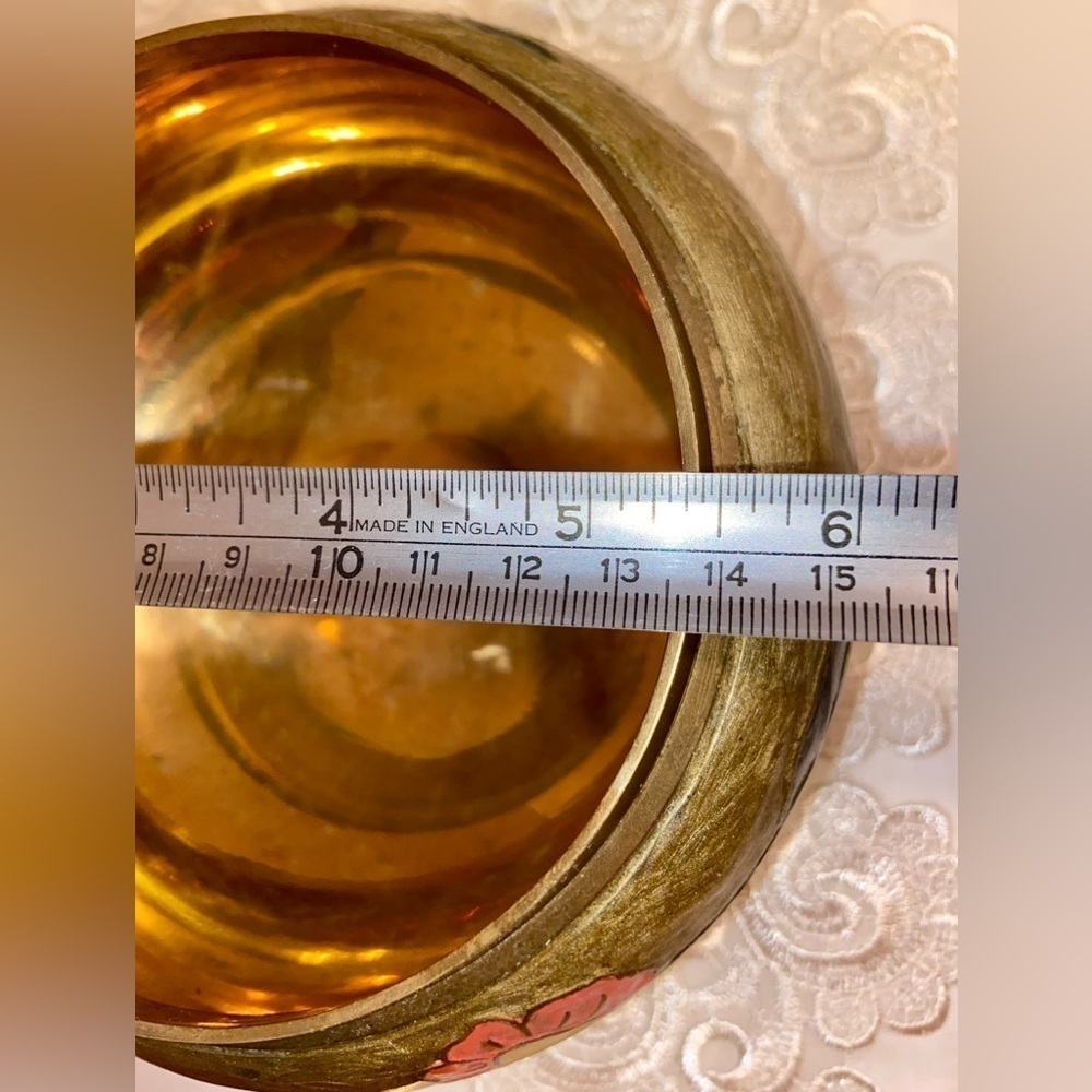 Vintage Brass enameled hand painted floral golden Bowl with lid - Picture 7 of 15